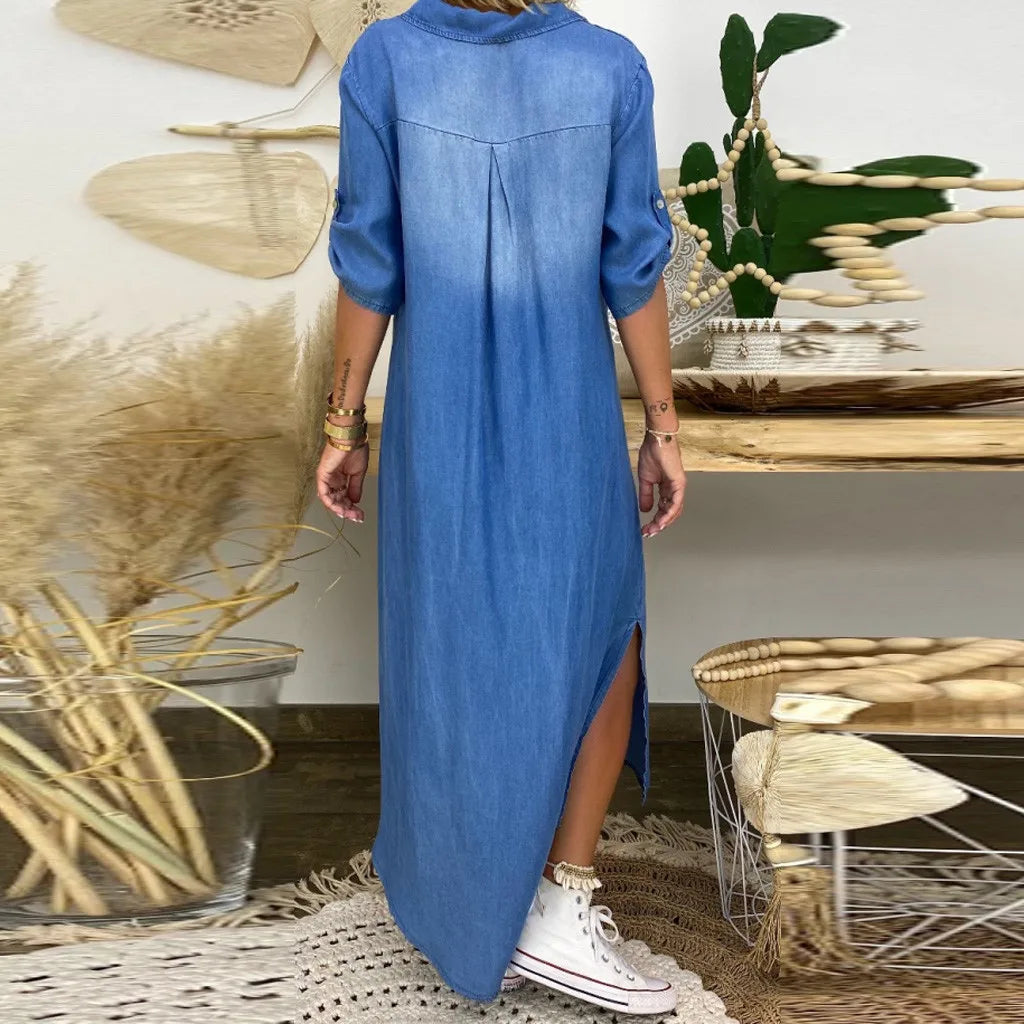Leviana™ | Long Denim Dress with Side Slits