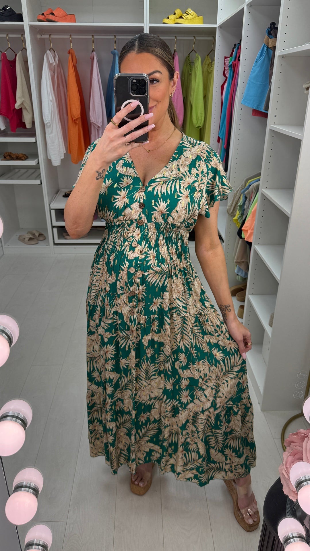 Calypso Frilly Sleeve Leaf Print Dress