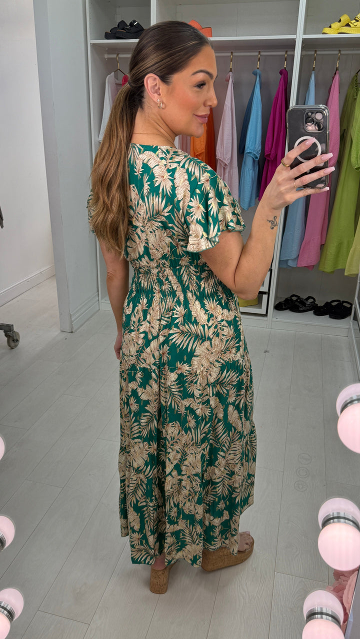 Calypso Frilly Sleeve Leaf Print Dress