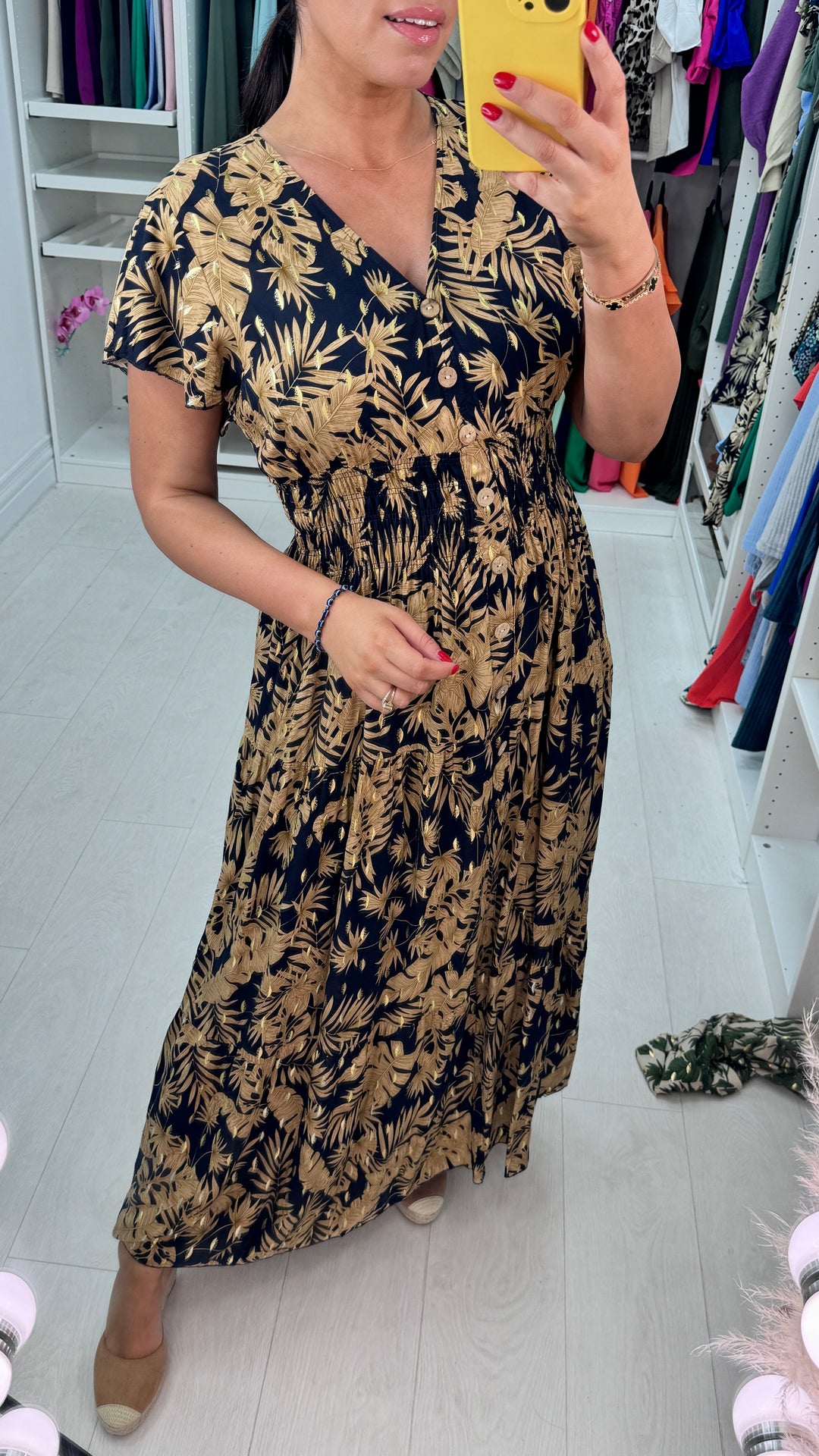 Calypso Frilly Sleeve Leaf Print Dress