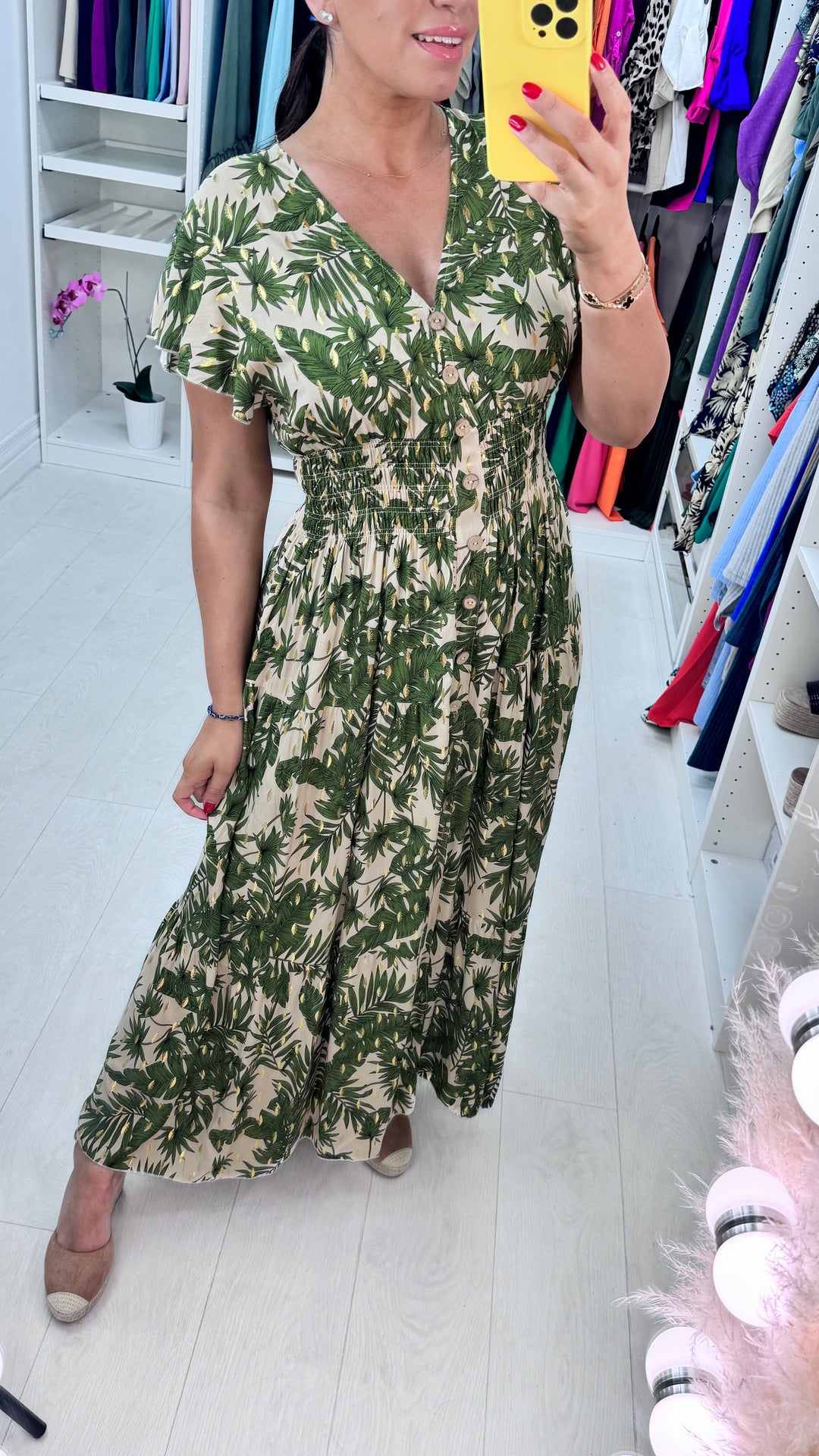 Calypso Frilly Sleeve Leaf Print Dress