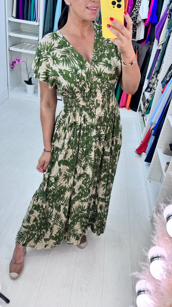 Calypso Frilly Sleeve Leaf Print Dress